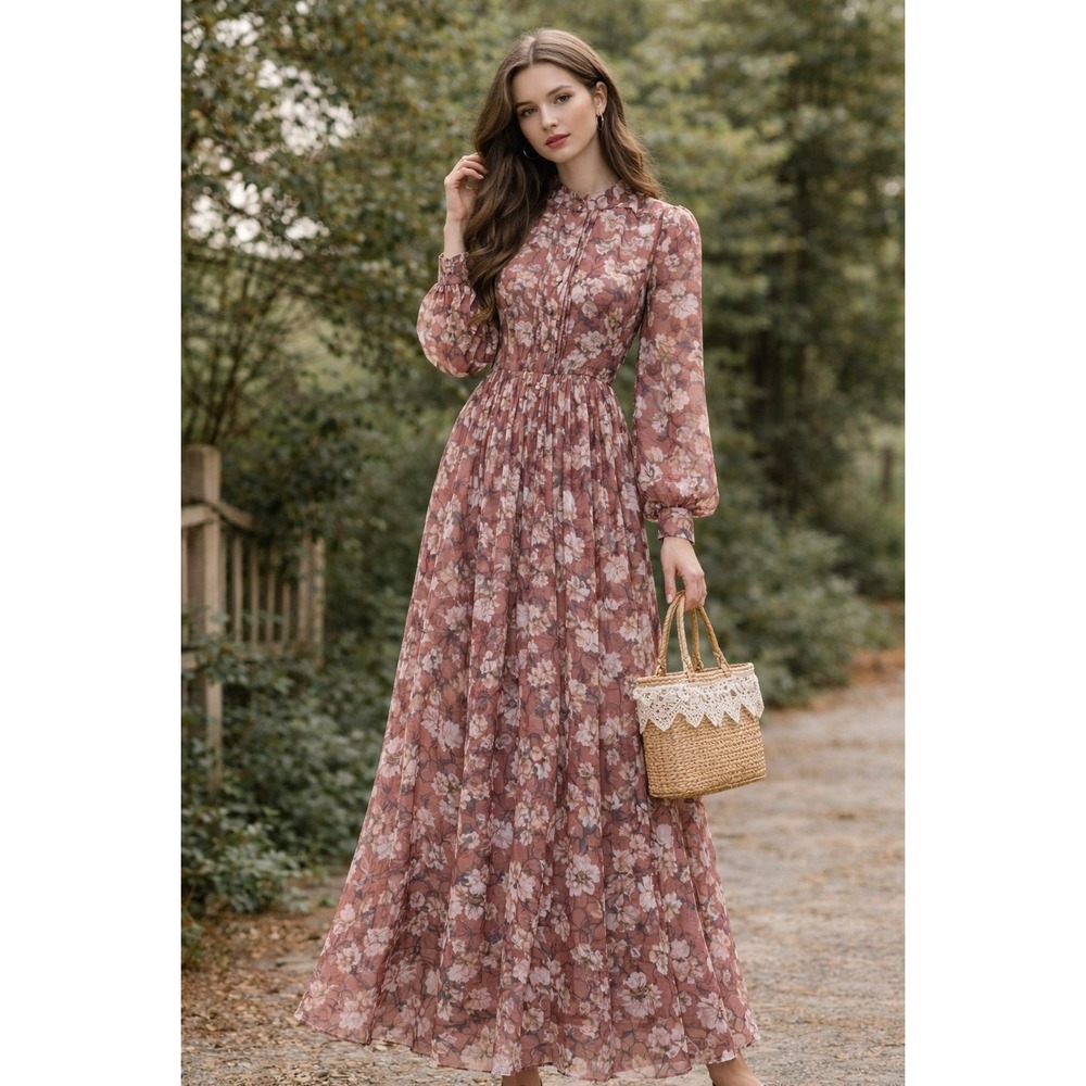 Vtg Y2K‎ DMN Sz 10 Maxi Dress Floral Long Sleeve Button Front Boho Cottagecore